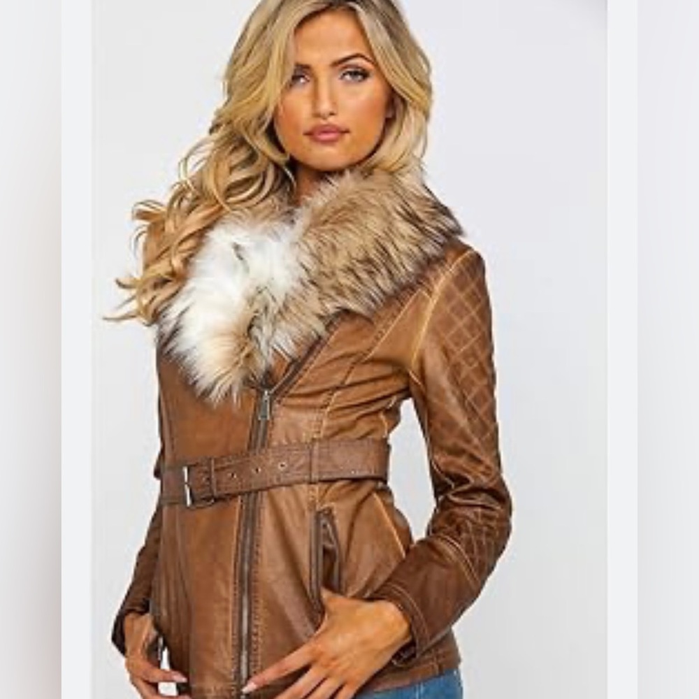 NWOT Scully Leather Jacket Faux Fur Trim Brown Size M one flaw see pictures